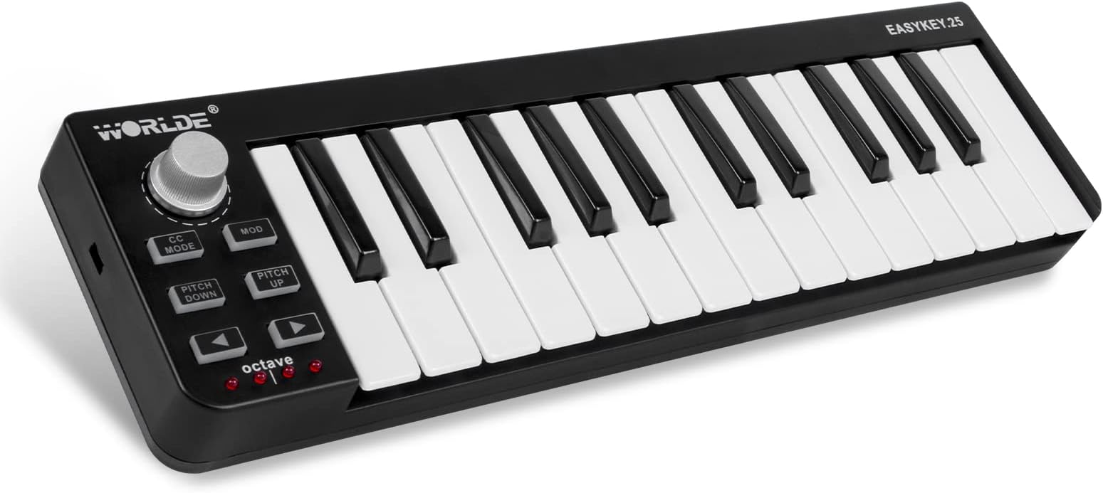 lotmusicMidi Controller, Worlde TUNA PANDA MINI 25 Keys Portable USB Keyboard with 8 RGB Backlit Colorful Drum Beat (EASYKEY.25, Black)