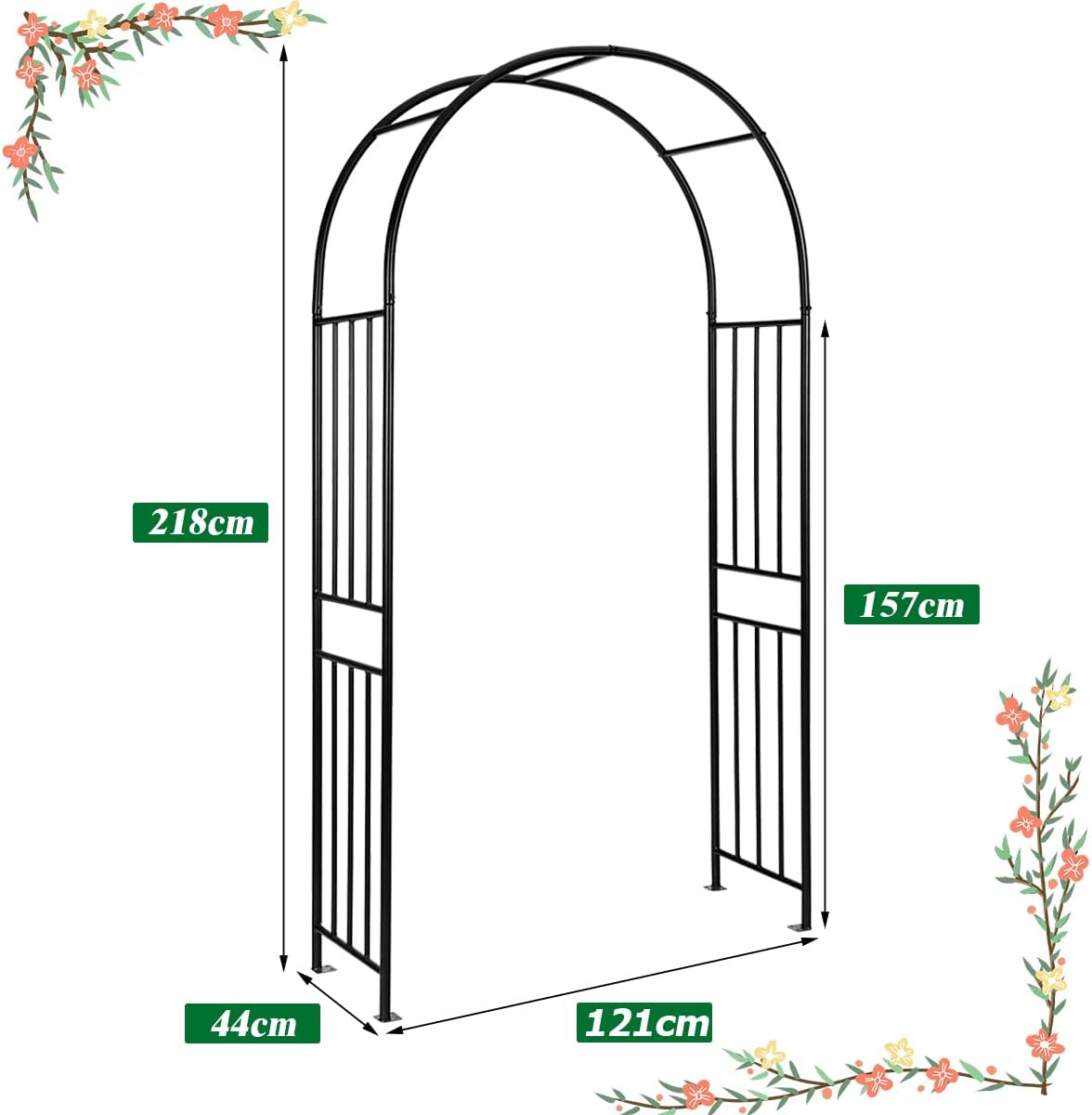 TANGZON 2.2M/2.3M Garden Arch, Heavy Duty Metal Roses Vines Climbing Plants Support Archway, Outdoor Patio Yard Lawn Arches Arbour Trellis for Wedding Party Decoration (121 x 44 x 218cm)
