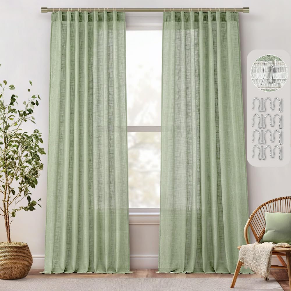 MIULEE Sage Green Linen Curtains 96 Inches Long 2 Panels for Bedroom Living Room, Back Tab & Pleat Tape Soft Thick Linen Textured Window Drapes Semi Sheer Light Filtering Farmhouse Burlap Look Decor