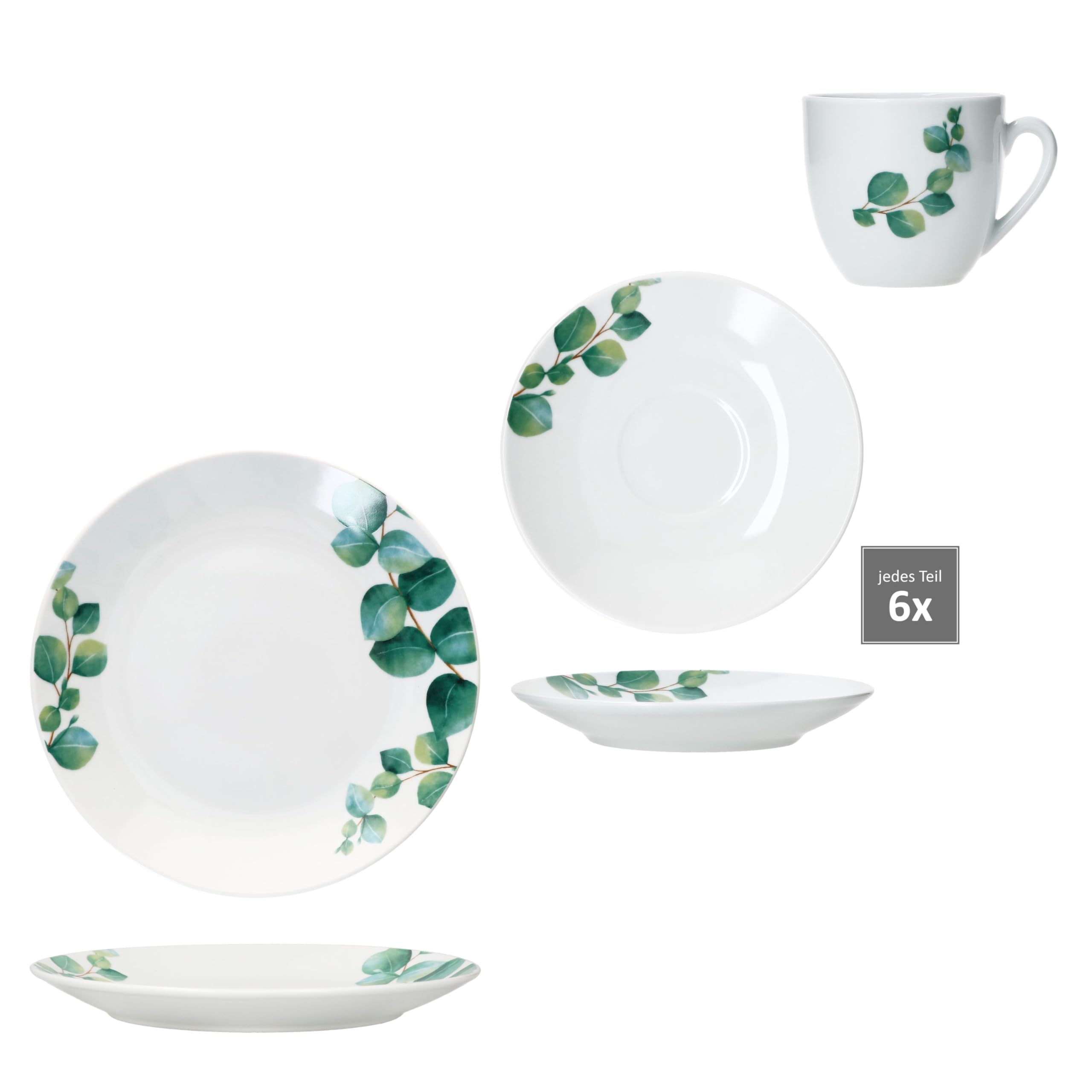 MamboCat Eukalyptus 18tlg Kaffeeservice I weiße Porzellan-Kaffeeset mit grünem Pflanzen-Dekor für 6 Personen I Je 6X Tassen 180ml, Untertassen & Kuchenteller I Geschirr für Frühstück & Kaffee