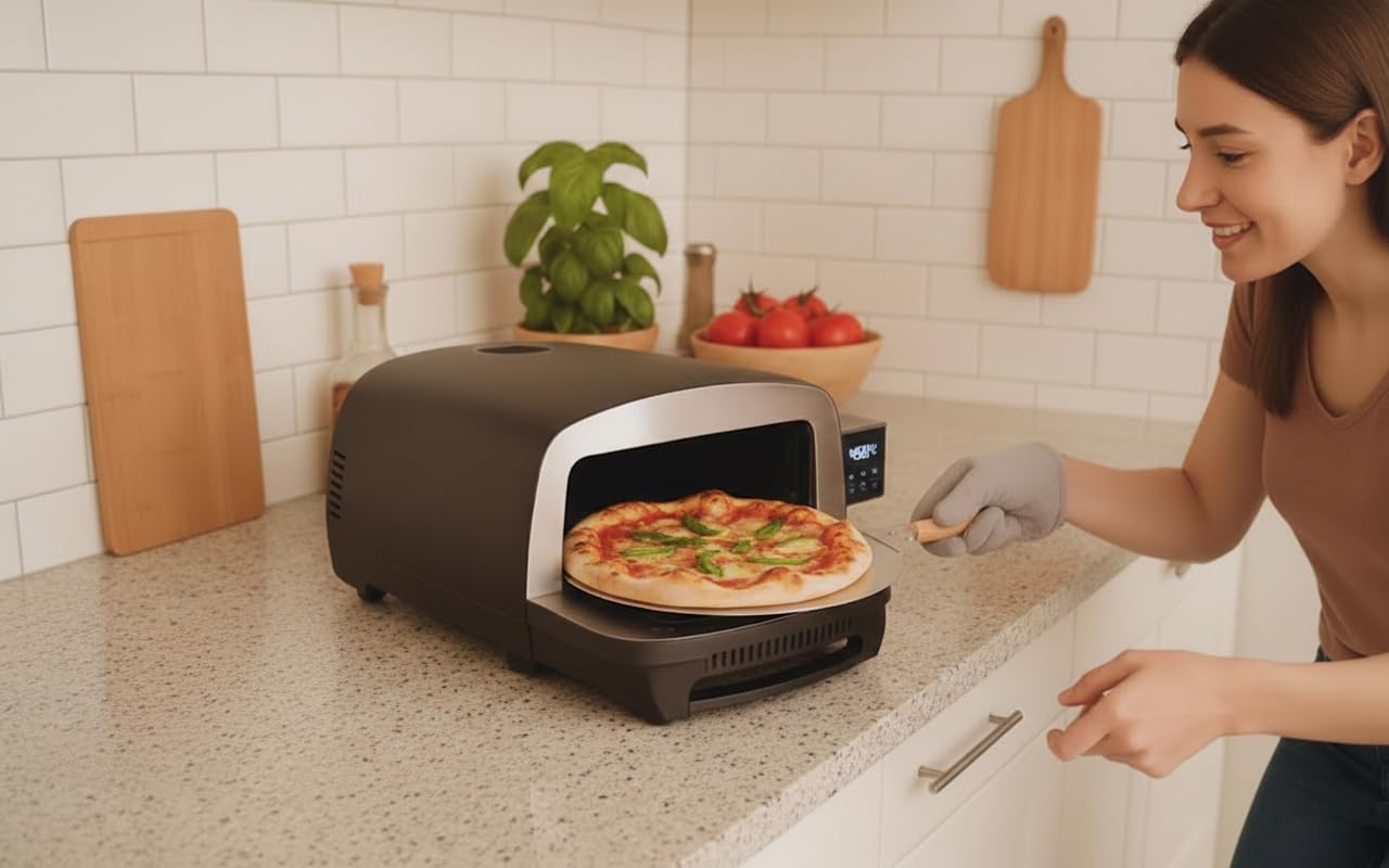 Forno Pizza Elettrico 450°C Super Potente – Con Pala, Teglia e Pietra Refrattaria – Pannello Touch LED e Modalità di Cottura Multiple per Pizza Perfetta in Pochi Minuti