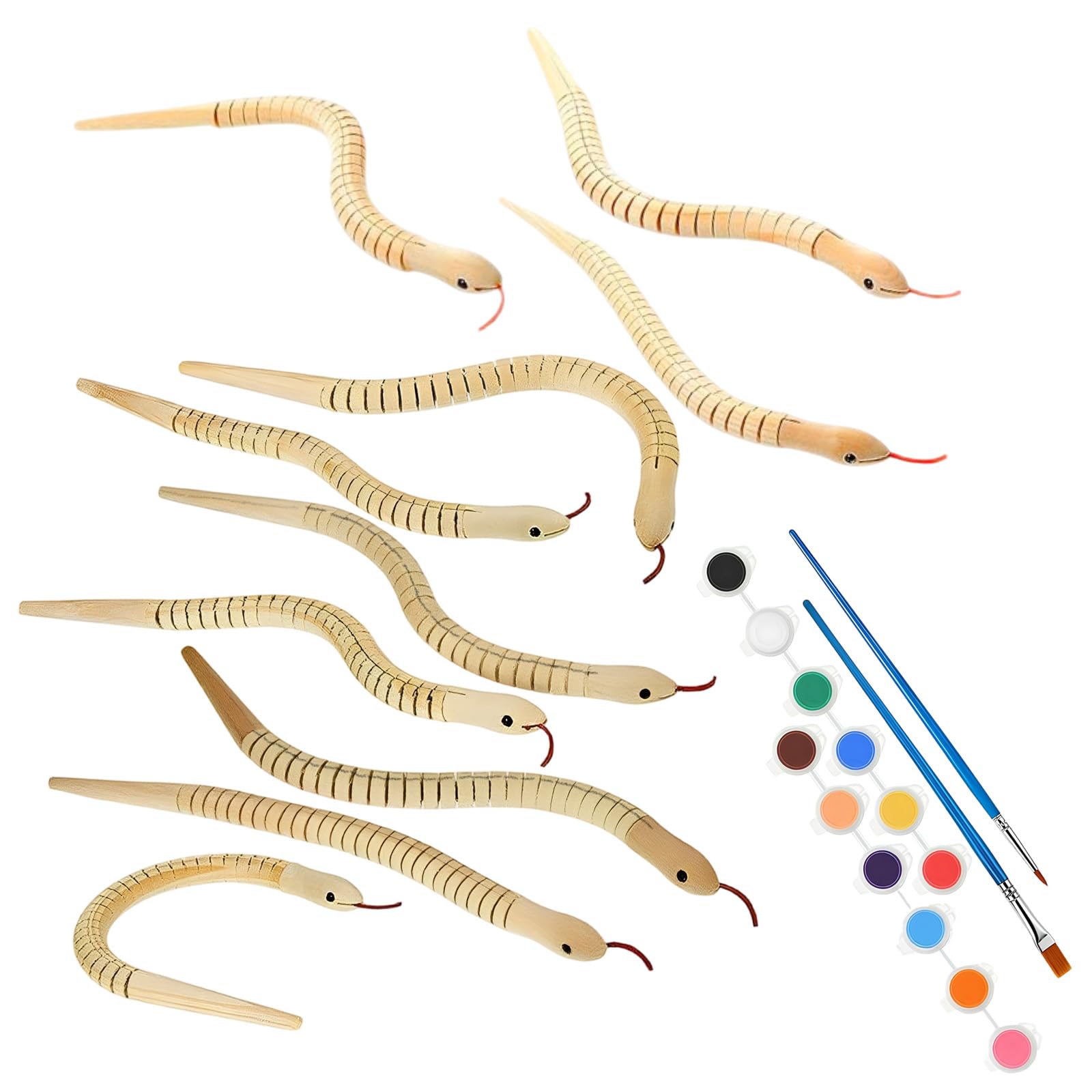 10 Stk. 30 cm Holzschlangen mit Farben, bewegliche Gelenkschlangen zum Bemalen, Zeichnen und für DIY Bastelarbeiten, für frühe Lernspiele, Mitgebsel für Kindergeburtstage und kreative Projekte