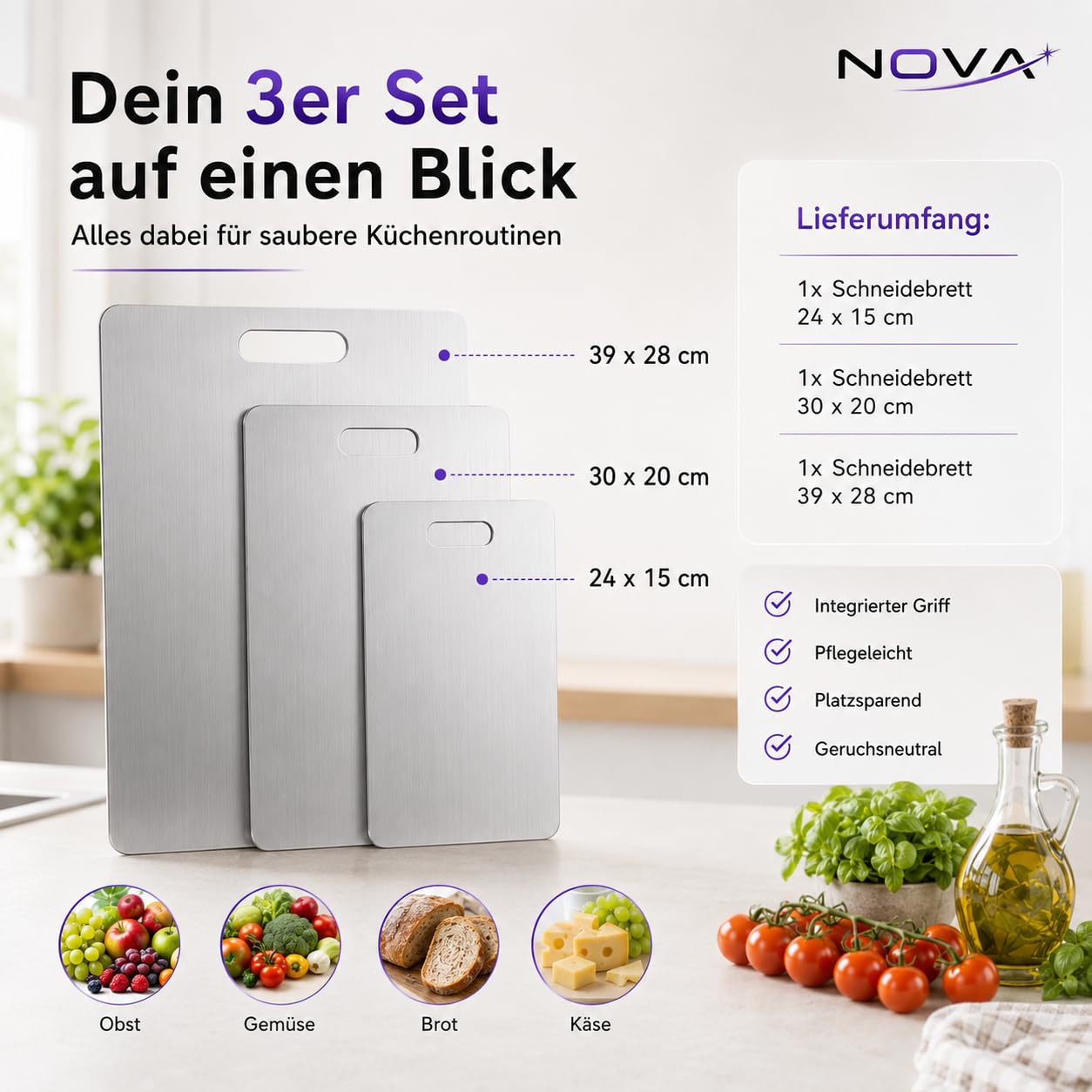 NOVA Titan Schneidebrett 3er Set S M L, Edelstahl Schneidebrett Set spülmaschinenfest, hygienische Schneidebretter geruchsneutral & platzsparend, Titanium Cutting Board für Obst Gemüse Brot Käse