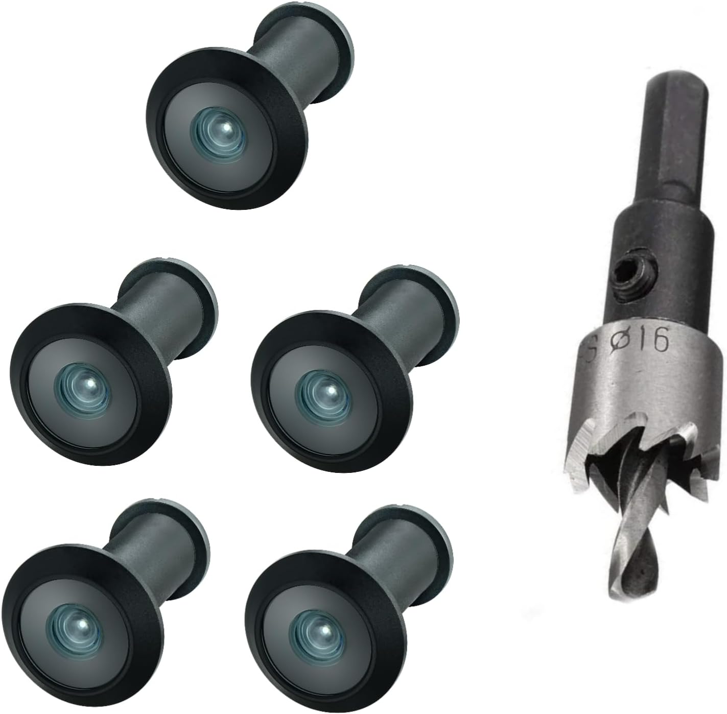 TOGU 5PCS of 220-degree Solid Brass Peep Holes for Door with 16mm Drill Bit, Compatible with Door Thick from 1-3/8" to 2-1/6", Matte Black Finish