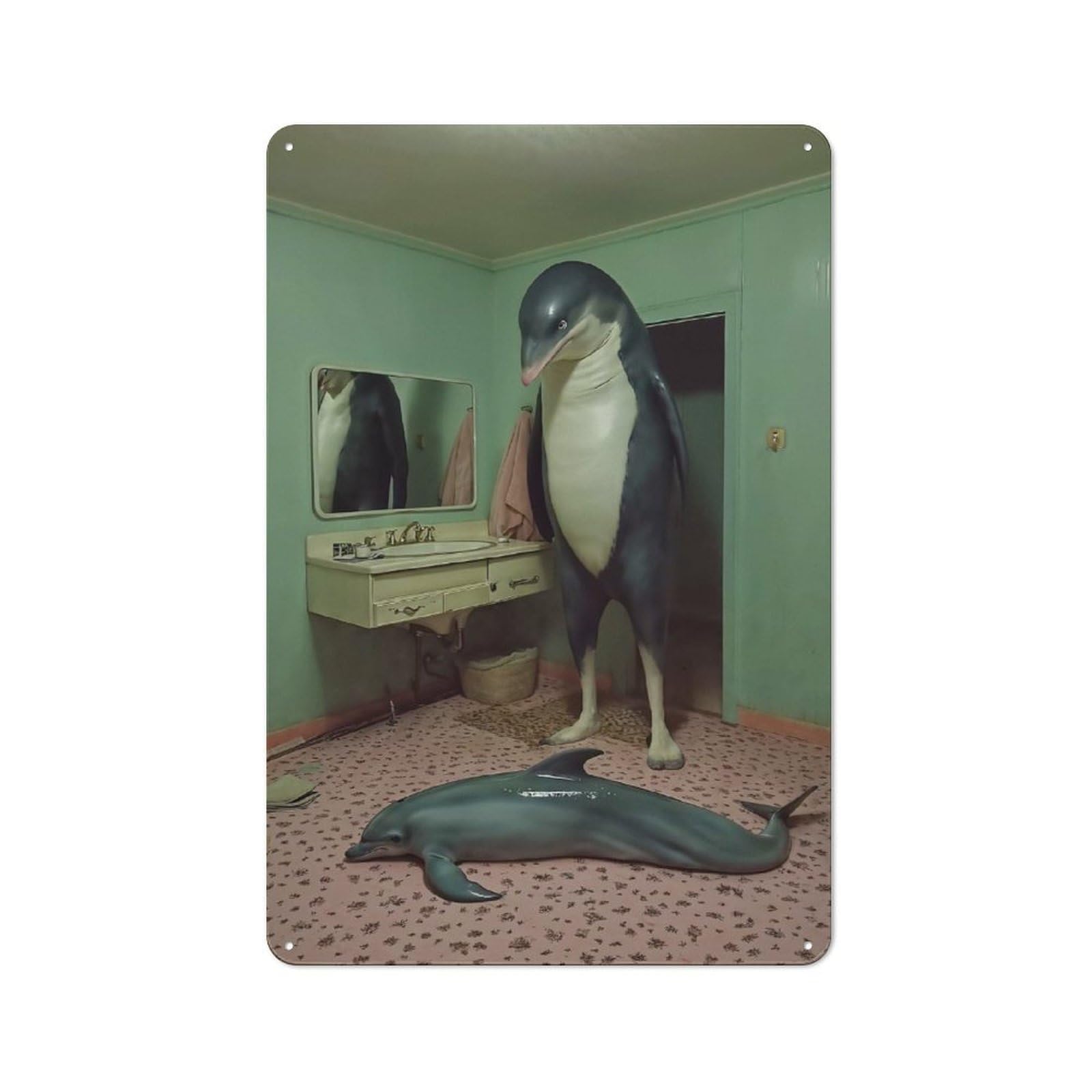 Junmoney Style-20 Penguin And Dolphin In Bathroom Vintage Tin Sign 30X20cm For Café Or Restaurant, Suited To Café Owners And Decorators
