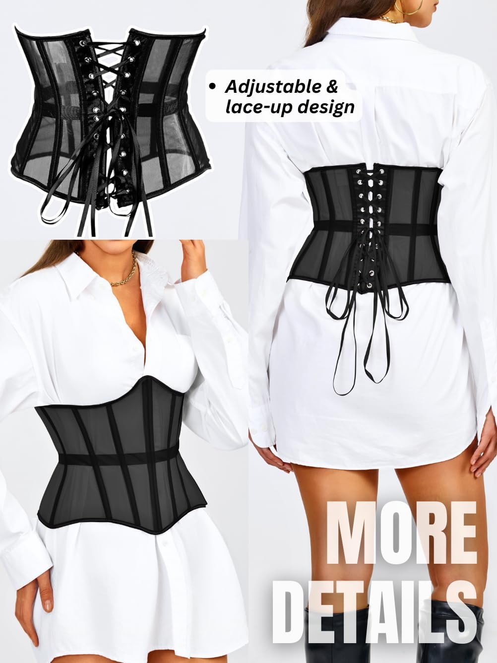 Underbust Corset Belt for Women, Mesh Lace-Up Boned Waist Cincher, Shapewear for Weddings & Going Out - Image 3