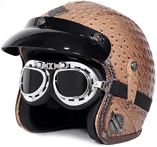 Casco de estilo retro para motocicleta, casco de cara abierta, casco de aviador eléctrico con visera solar, para hombres y mujeres (color marrón claro 4, XXL 61-62 cm)