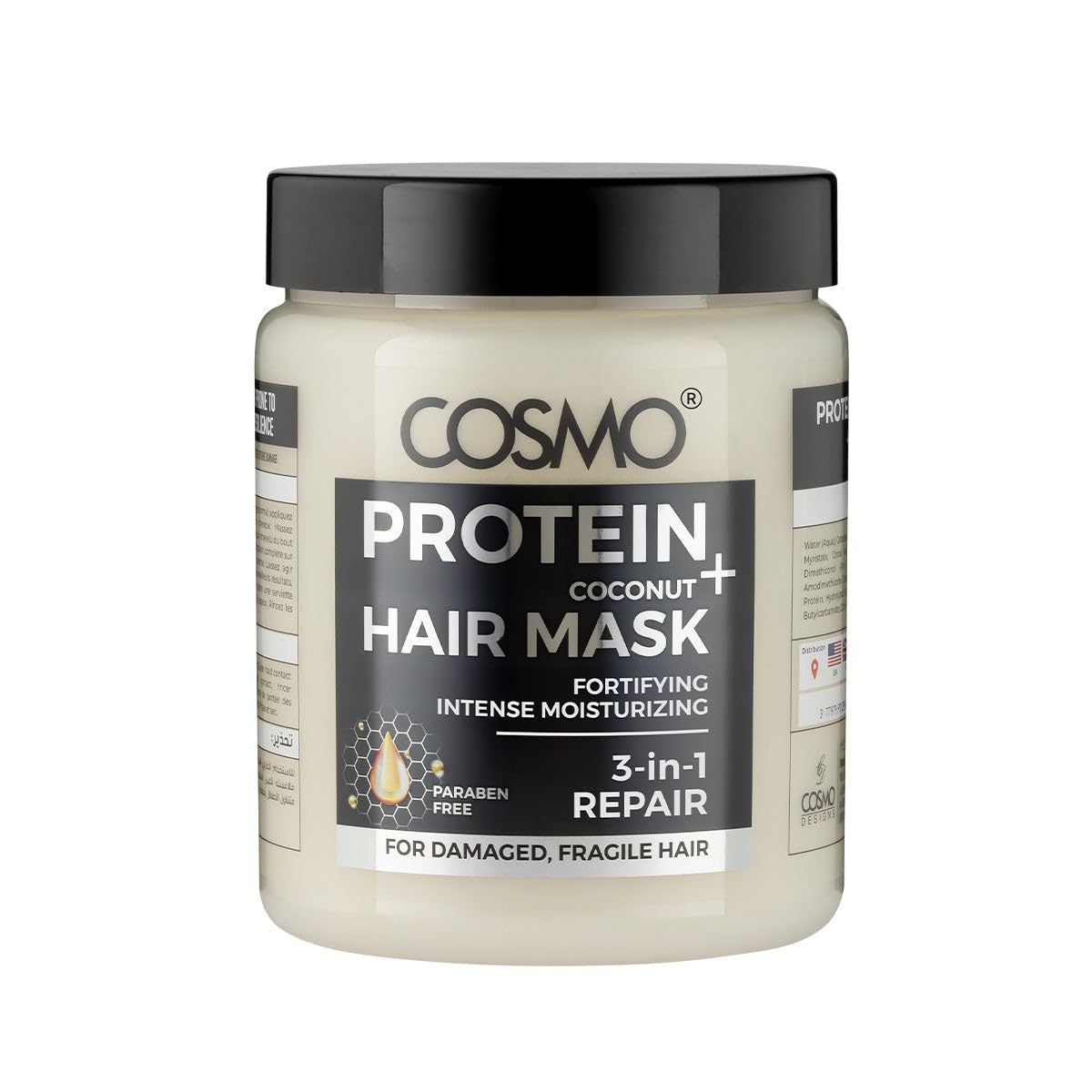 Cosmo Hair Care Black Protein + Coconut Hair Mask 1000ml - 33.8 fl.oz, Fortifying, Intense Moisturizing, 3 in 1 Repair, For Damage, Fragile Hairs, Paraben Free, All Hair Types, Treatment