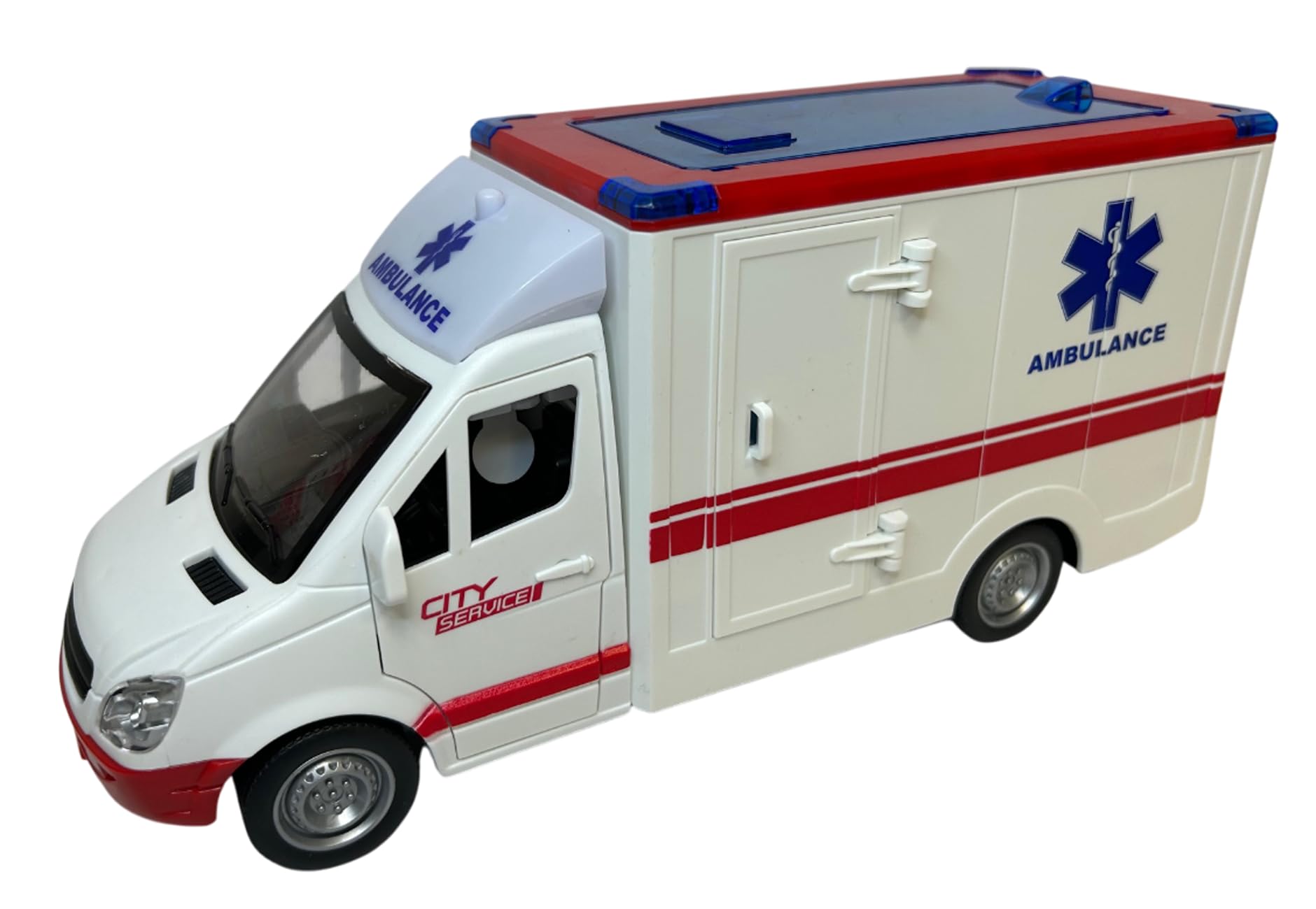 Ambulance Jouet avec Lumières Sons Sirènes Portes et Toit Ouvrables Mouvement Embrayage Grande Échelle 1:16 cm 26 Premiers Soins avec Lumière Sons Civière Amovible Enfants