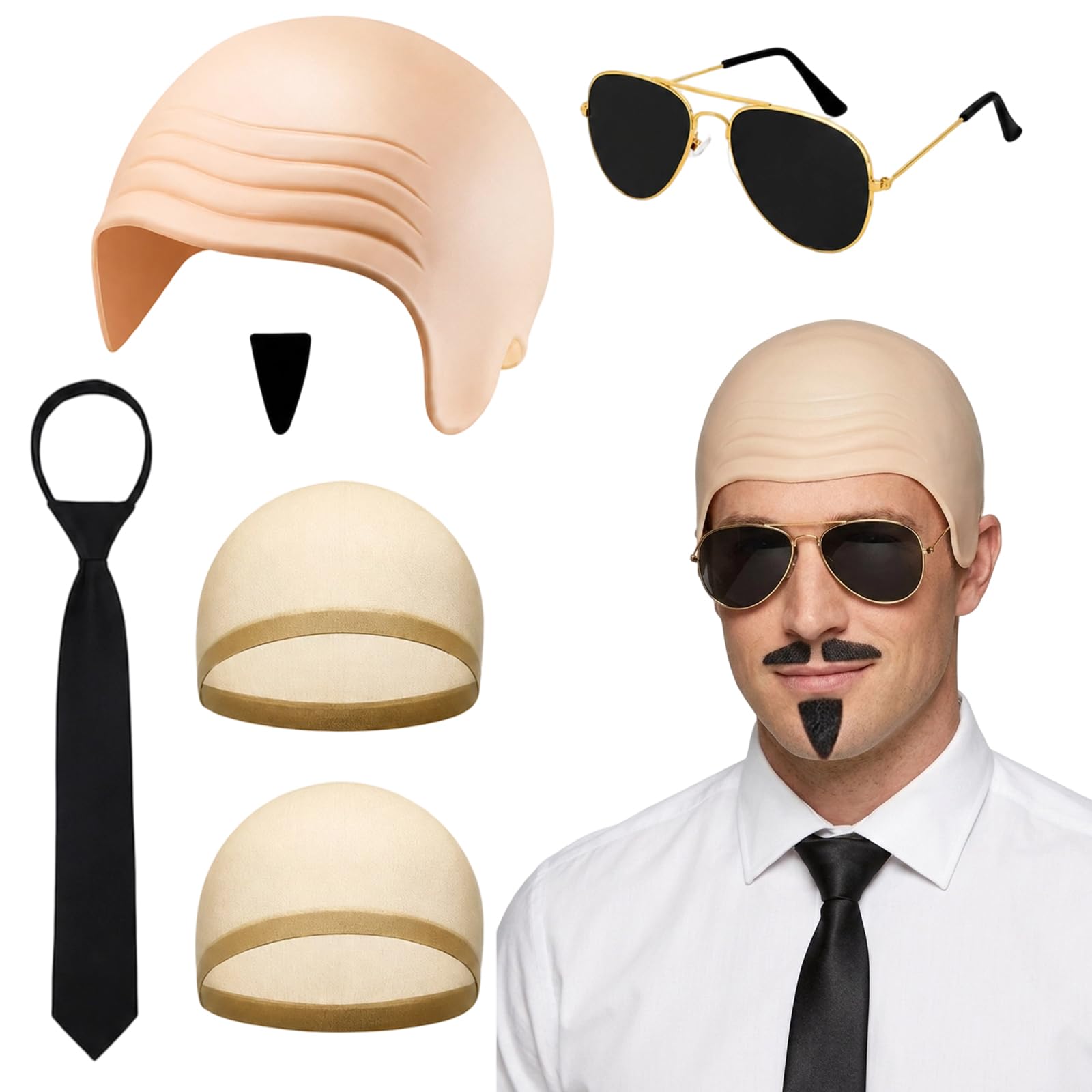 Bald Cap, Halloween Costume, 6PCS Set Funny Costume Set with Bald Cap Wigs, Adult Fancy Dress for Halloween Parties Including Scalp Piece Hair Nets Tie Sunglasses Mustache Yellow