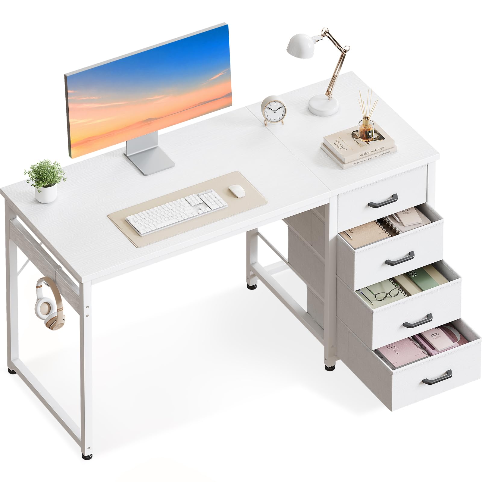 ODK Kleiner Schreibtisch mit 4 Schubladen, 100x48x75.7cm Computertisch Umkehrbarer Bürotisch mit Kopfhörer Halter, PC Tisch Holz für Heimbüro, Weiß