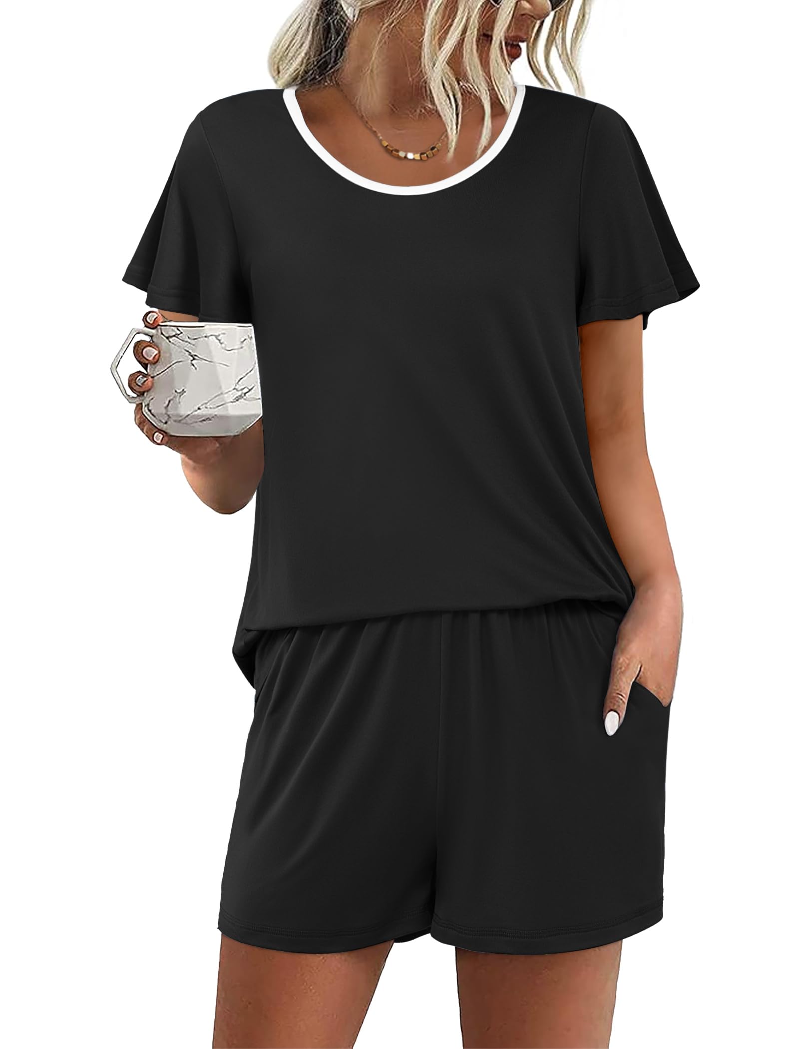 Ekouaer Womens Pajama Set Summer Ruffle Short Sleeve Pjs Sleepwear Cute 2 Piece Lounge Sets S-XXL