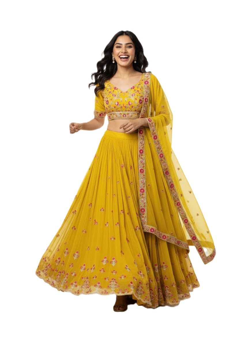 jenika creation Embroidered Semi Stitched Lehenga Choli with Dupatta | Heavy Floral Thread & Sequence Work | Wedding, Haldi, Festive | for Women | (Free Size)-picture-54