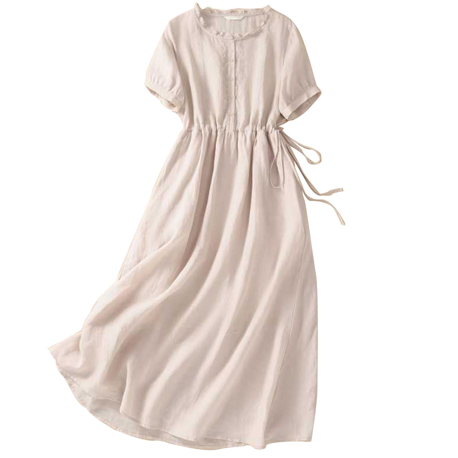 AMhomely Womens Summer Dresses Button Up-Cotton Linen Shirt Dress,Boho,Short Sleeve Casual Dresses with Belt,Ruffle Crewneck,Pleated A-line Sundress,Office Work,Holiday,Vacation A Beige L