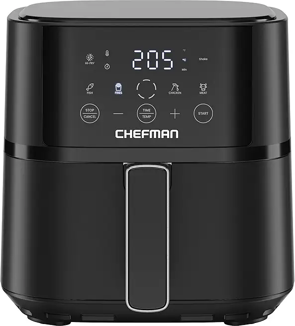 Chefman 3.8L Heißluftfritteuse, schnell & einfach, kompakte Heissluftfritteuse mit Hi-Fry Technologie, Touch Controls mit 4 Voreinstellungen, antihaftbeschichtet & spülmaschinenfest - Schwarz