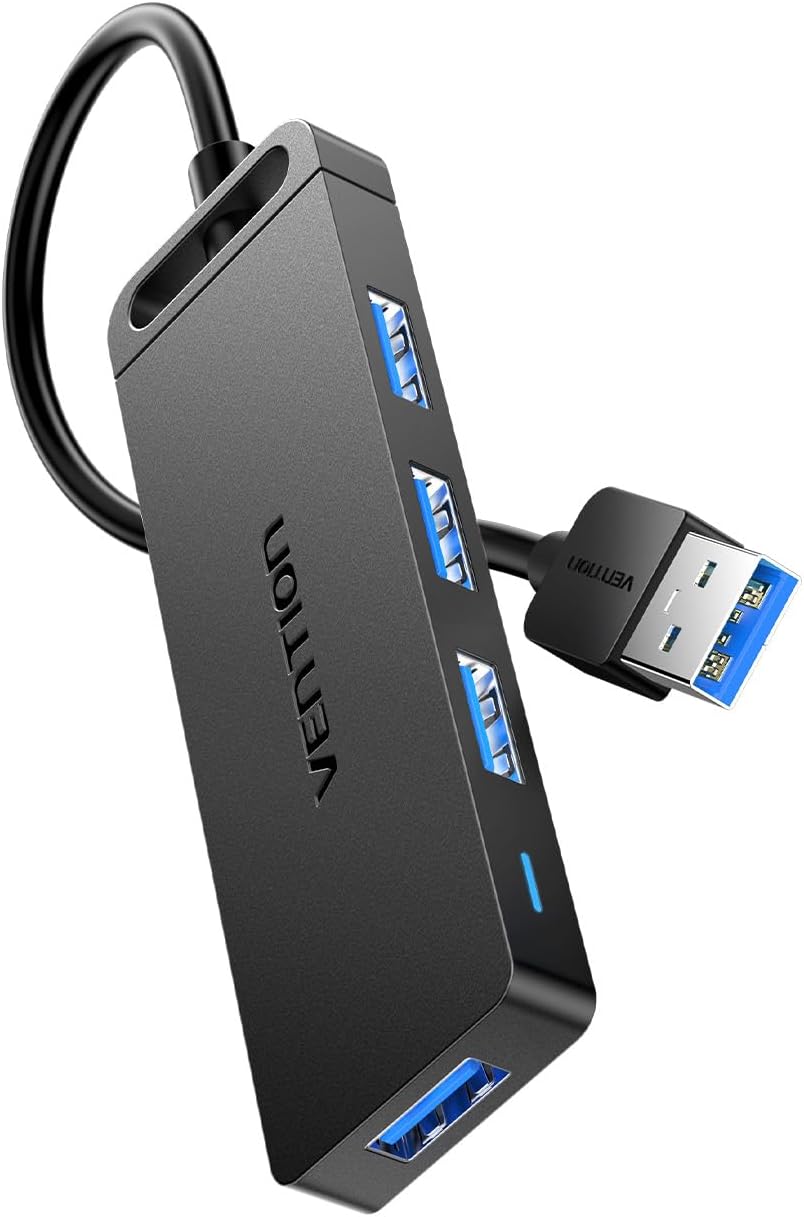 VENTION 4-Port USB 3.0 Hub Ultra-Slim Data USB Splitter [Charging Supported] Compatible with MacBook, Laptop, Surface Pro, PC, Flash Drive, Mobile HDD (USB A, 0.15 Meter)