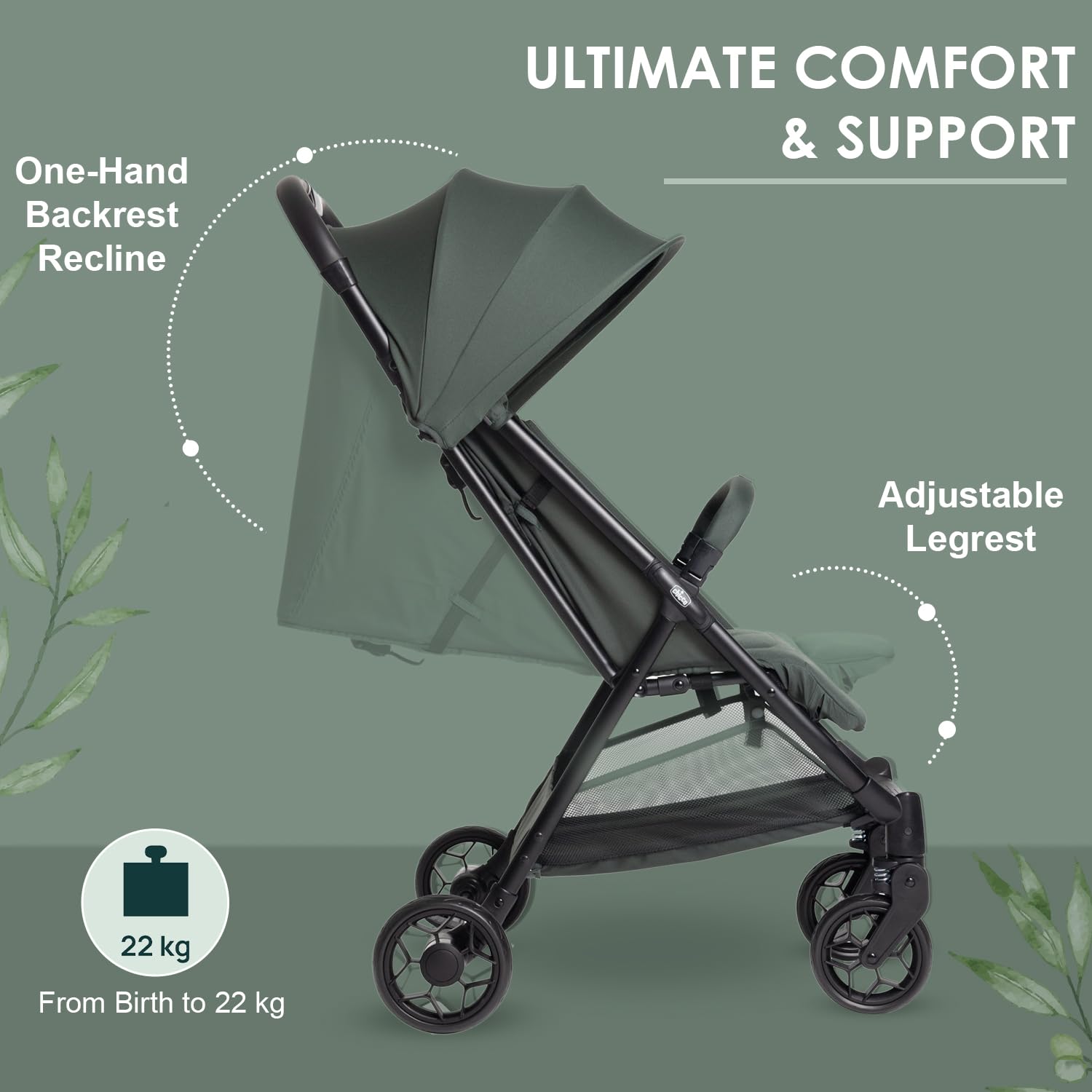 Chicco Urbino, Wózek 0+ miesięcy - 22 Kg, Lekki Wózek Spacerowy z Inteligentnym i Kompaktowym Składaniem, Rozdkładana Budka z Powłoką Przeciwdeszczową i UV50+, Odchylane i Regulowane Oparcie, Podnóżek