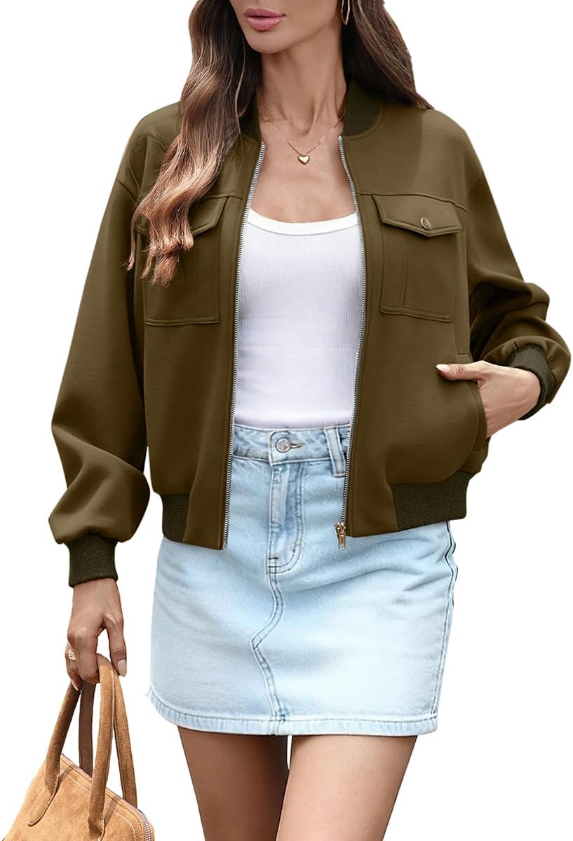 AMZANGEL Women's Zip up Bomber Jacket Cropped Oversize Long Sleeve Drop Shoulder Casual Jackets with 4 Pockets