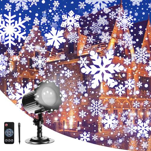 Snow Projector Lights, Christmas Rotating Snowflakes Light Projector, IP65 Waterproof Outdoor LED Snow Spotlight for Halloween Holiday Party Home Decor Garden Light Projector, with Remote Control