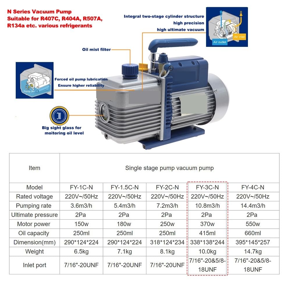 Set pompa a vuoto, Pompa for vuoto Pompa for vuoto refrigerante FY-3C-N Pompa for vuoto manuale monostadio 370W for aria condizionata domestica for auto per HVAC Aria condizionata Refrigerazione Ricar