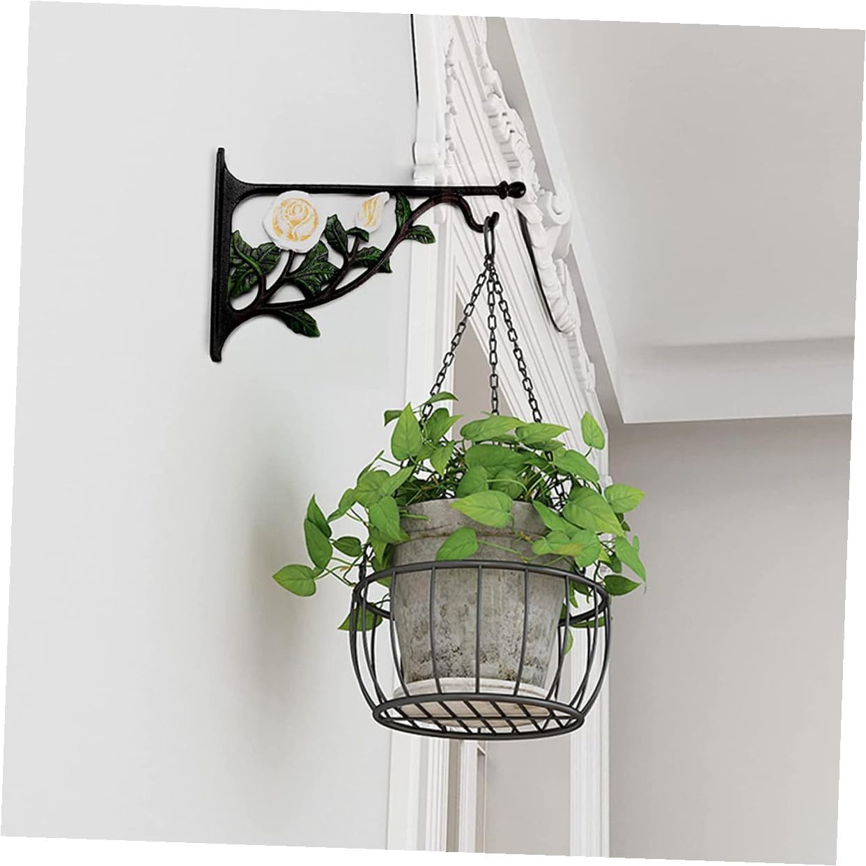 Ciieeo Iron White Rose Wall Mounted Bracket for Hanging Flowerpots and Bird Feeders, Sturdy Cast Iron Plant Hook for Indoor and Outdoor Garden Décor