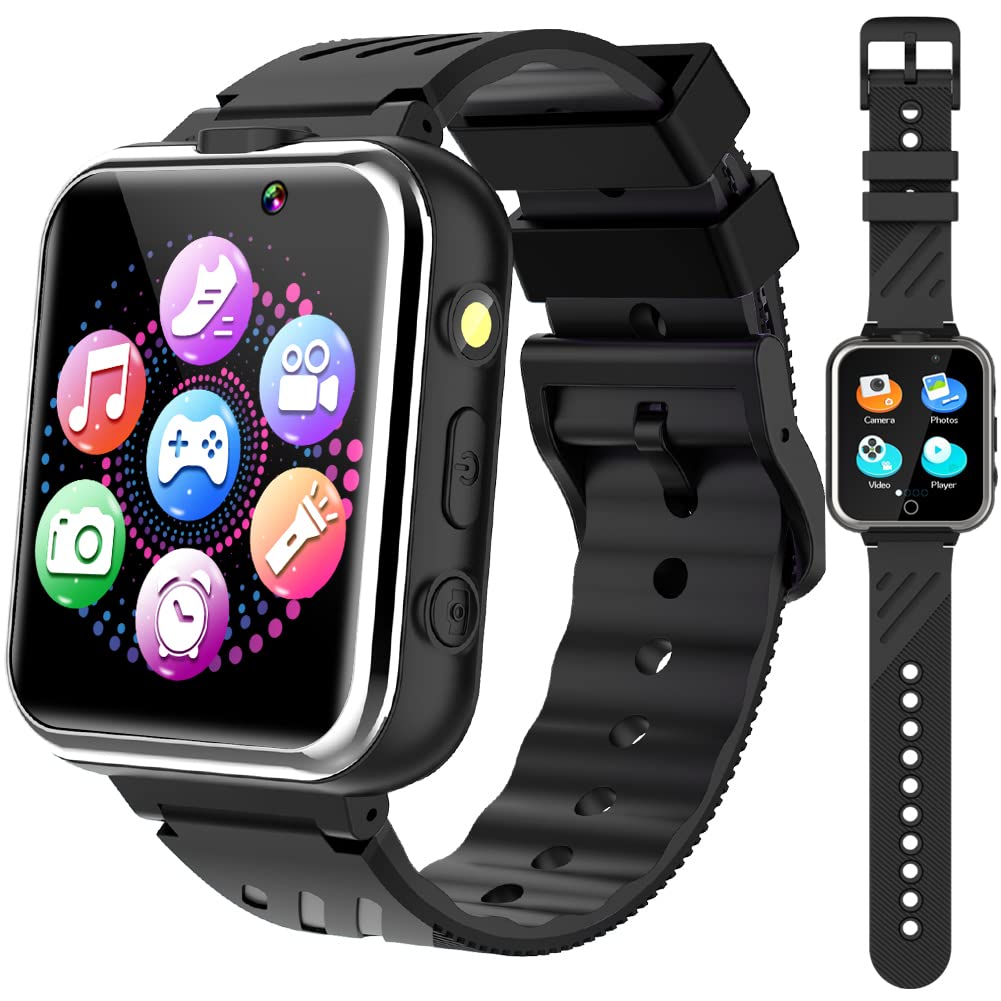 Smart Watch for Kids with 24 Puzzle Games Dual Camera 1.54" HD Screen Pedometer Video Music Player Alarm Clock Torch Calculator Calendar Educational Learning Toys Gifts for Age 3-12 Boy Girls (Black)