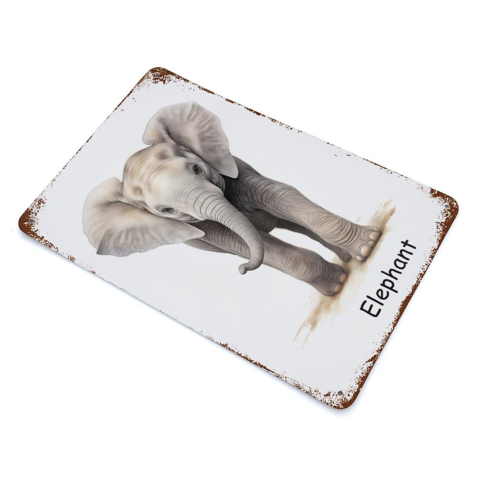 Aged Metal Wall Plaque with Elephant Baby Art Cute Design 11.8"x7.9", for Pub, Kitchen And Man Cave Decor, Shabby Chic Decor