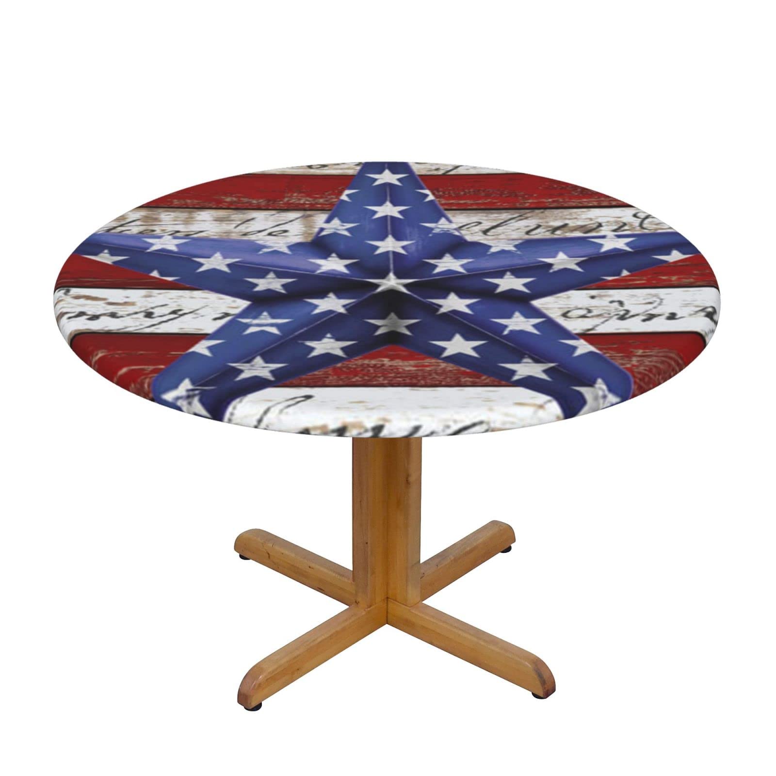 Lsjuee Round Fitted Tablecloth 45-50in Elastic Edged Table Cloth for Kitchen Dining Party Home Decor - USA Patriotic Star Vintage