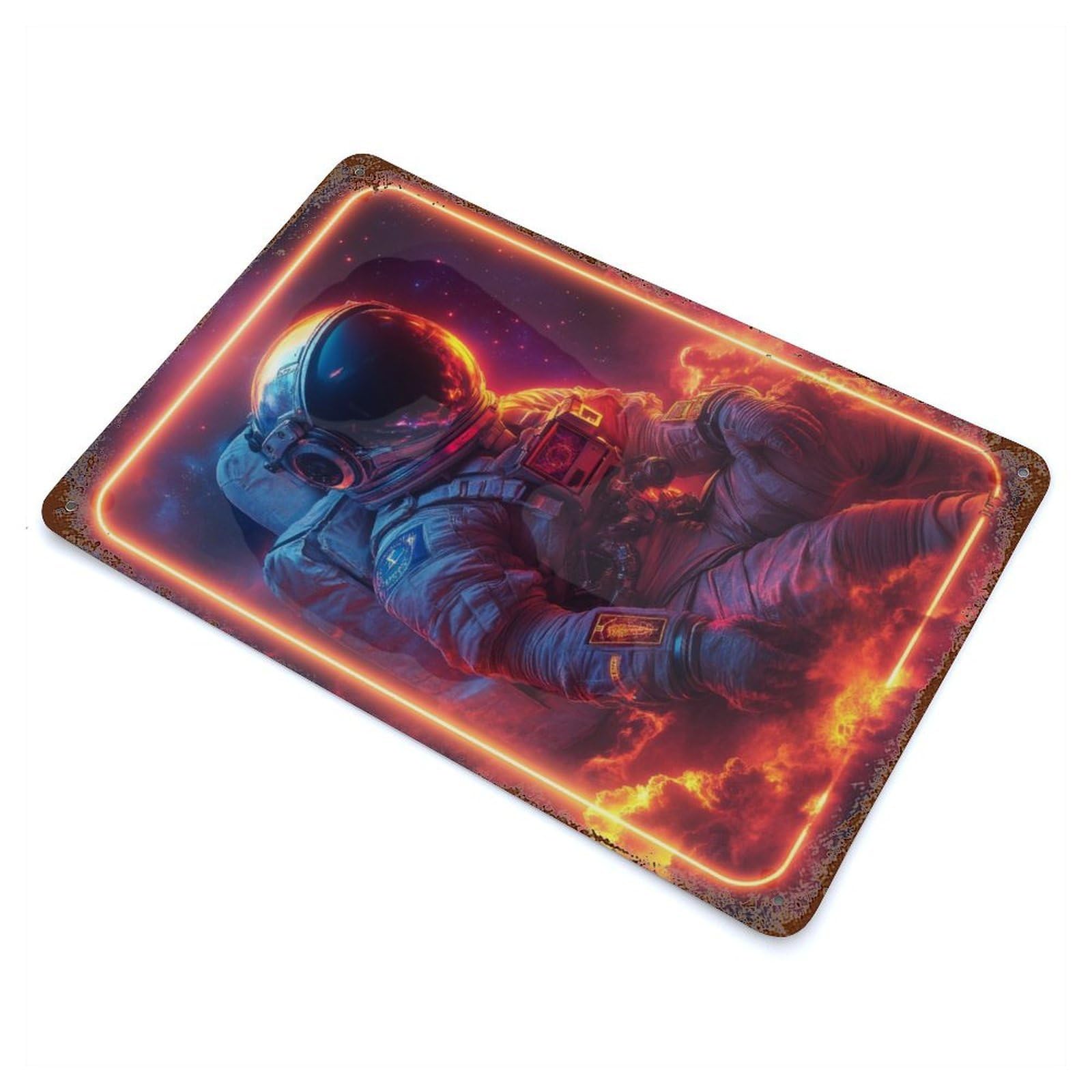 Garage Style Astronaut In Neon Frame Rustic Tin Plaque 11.8"x7.9", Industrial Home Decor for Bar And Workshop