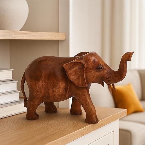 Vista 7 de OMA Estatua de elefante de madera maciza tallada a mano con tronco de la suerte, figura de elefante, decoración del hogar (grande)
