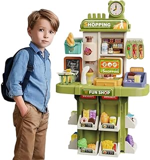 مجموعة ألعاب سوبر ماركت للاطفال، متجر ألعاب فن شوب مع ساعة، سلة تسوق وإكسسوارات طعام، أخضر
