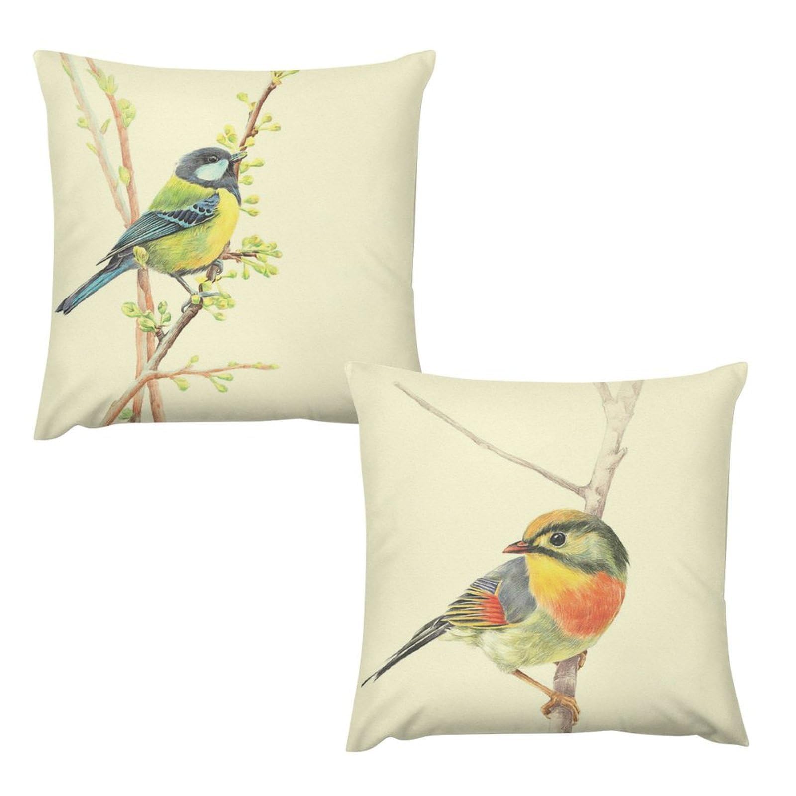 adverrex Set of 2 Throw Pillow Covers 18x18 Decorative Pillowcase Spring Vintage Bird Standing on Flower Branch Double Sided Square Velvet Cushion