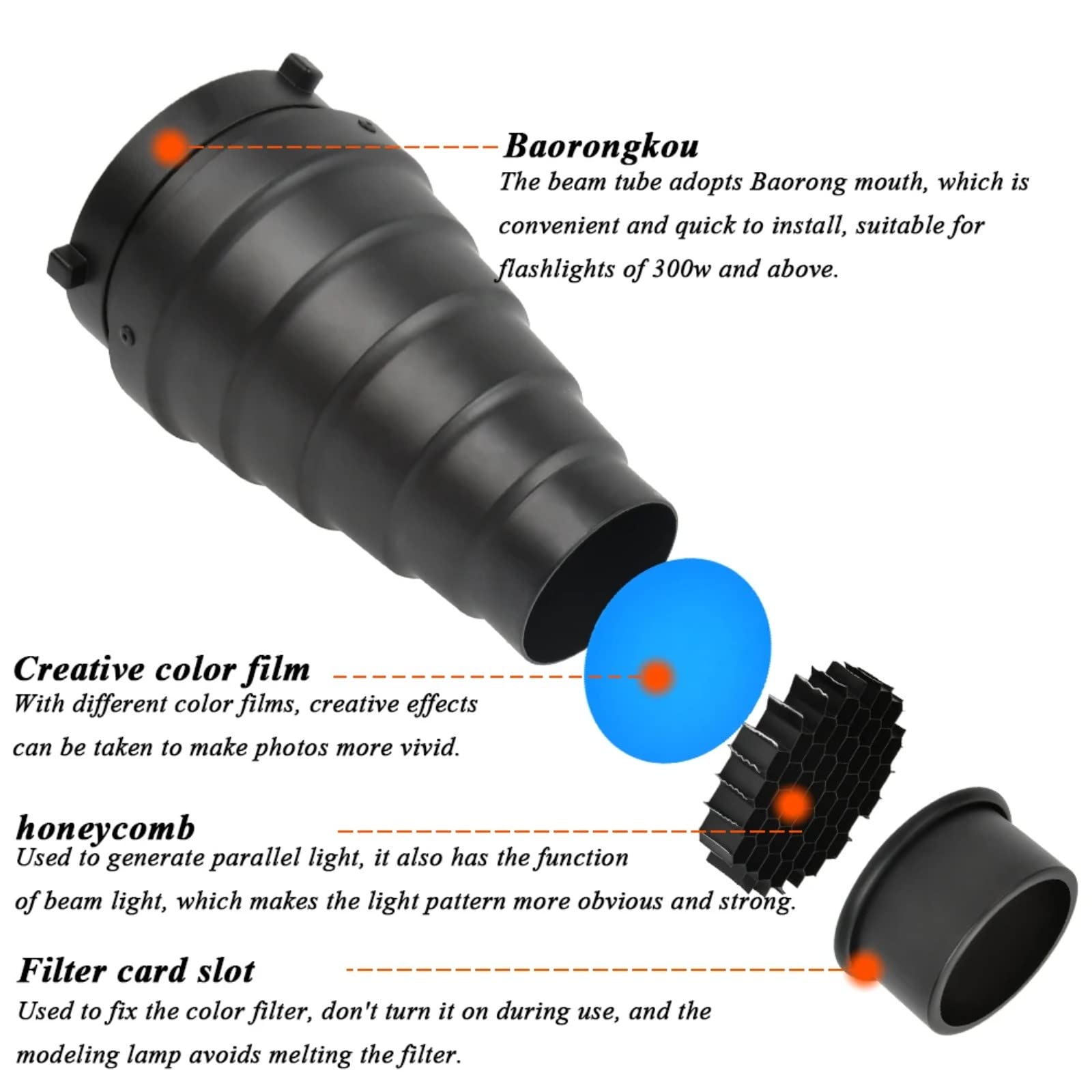 Kit Snoot Conico in Lega di Alluminio a Nido D'ape, Tubo a Fascio con Griglia a Nido d'Ape e 5 Pezzi Filtri Gel Colorati per Bowens Mount Studio Strobe Monoluce Fotografia Flash Luce