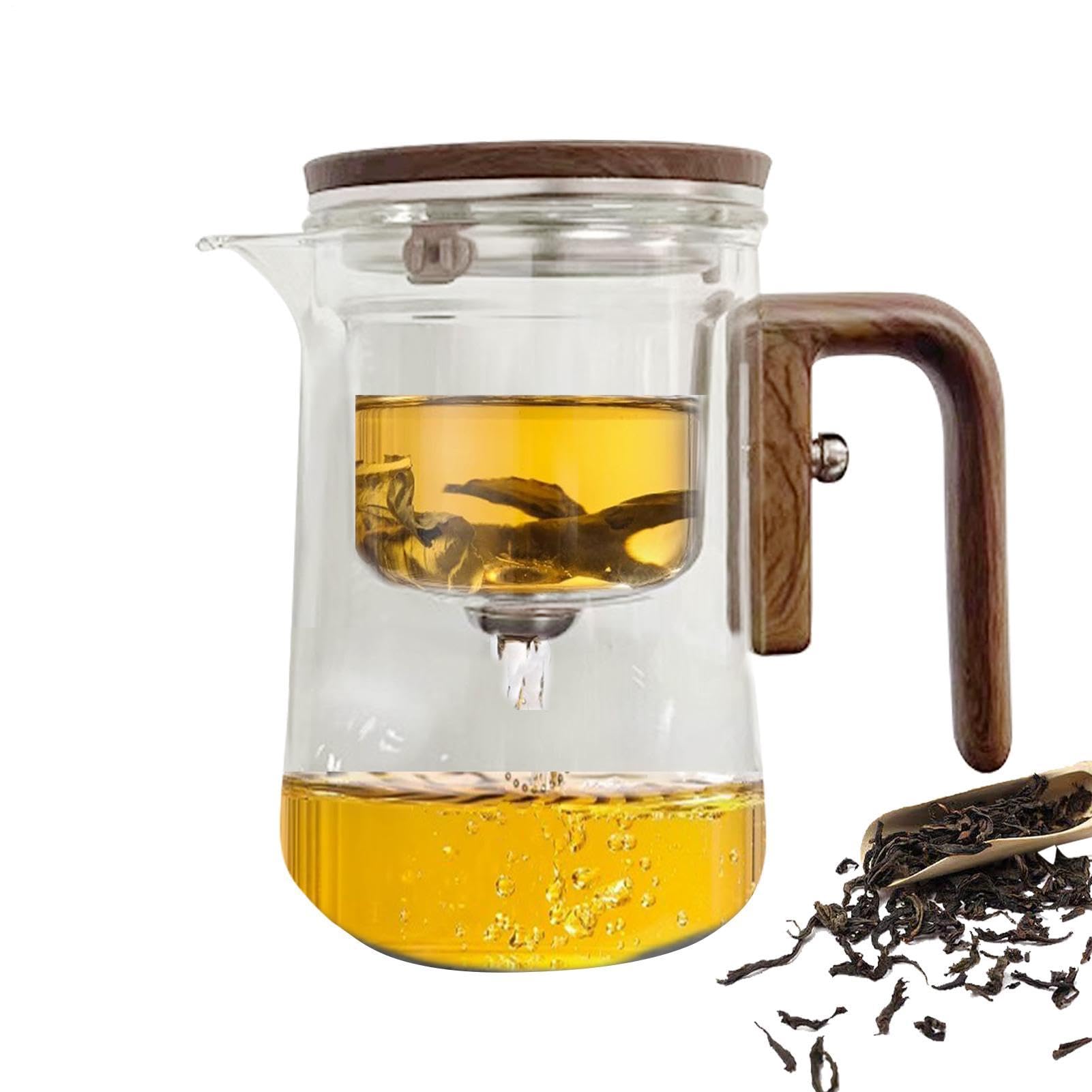 Caraffa per infusione di tè sfuso in - decanter separatore fogliare | trasparente, bollitore resistente al calore con manico in legno | Più ripida a prova di fuoriuscita per casa appartamento