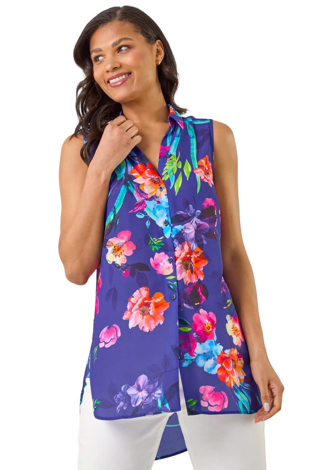 Roman Women's Purple Floral Leaf Print Longline Button Blouse In | : Size 12