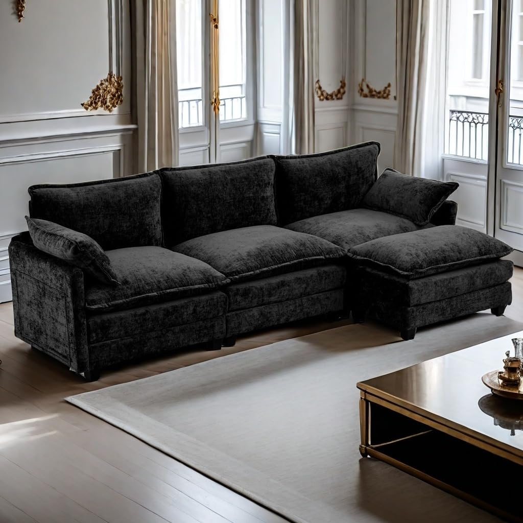 Glasflength L-Shaped Sectional Couch for Living Room, Comfy Sectional Cloud Couch, 113" 3-Seat Cloud Couch with Ottoman/Pillows for Apartment, Bedroom