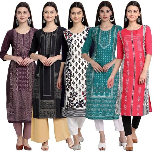 Pinkmint Women's Printed Kurti for Women's Round Neck Straight Kurti for Women (Pack of 5 | Avaiable in Plus Size)