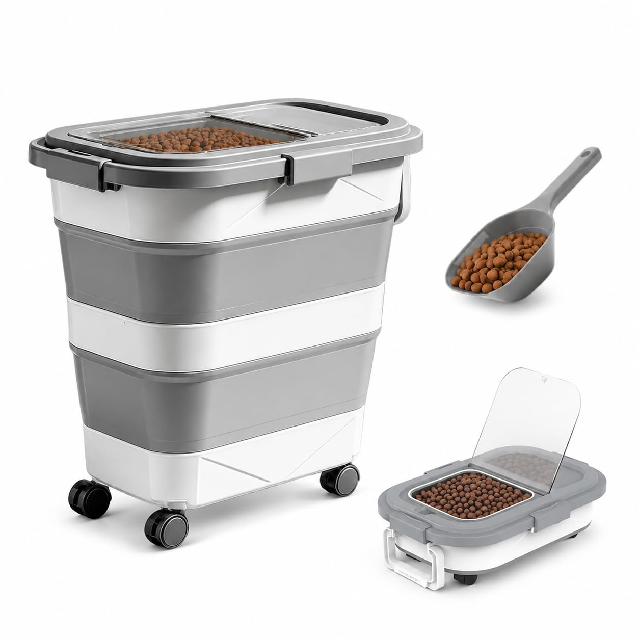 Caossuixin Foldable Pet Dog Food Storage Container, 24L/15KG Airtight Dog Food Bin with Wheels & Scoop, Flip-Up Lid Rice Storage Container, Safe Eco for Pet Food, Cereal, Rice, Beans, Nuts(Grey)