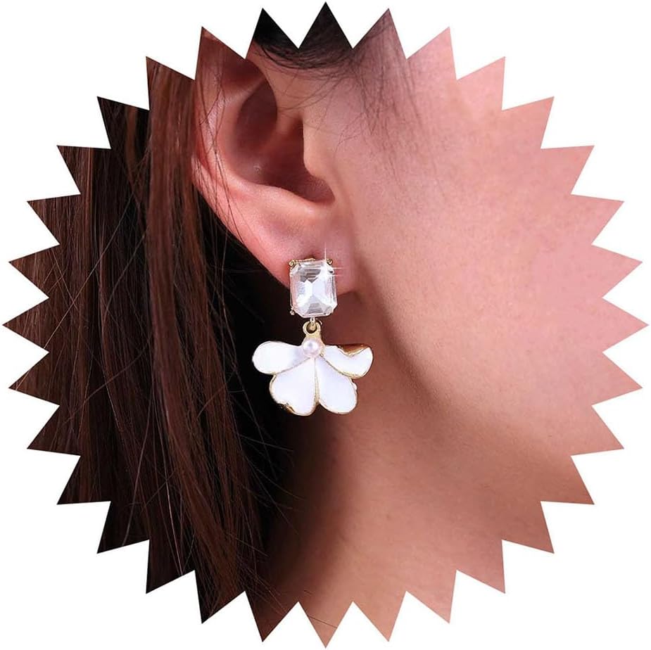 Boho White Acrylic Flower Drop Earrings Enamel Flower Dangle Earrings Cz Square Stud Earrings Flower Petal Earrings Wedding Flower Earrings Jewelry for Women
