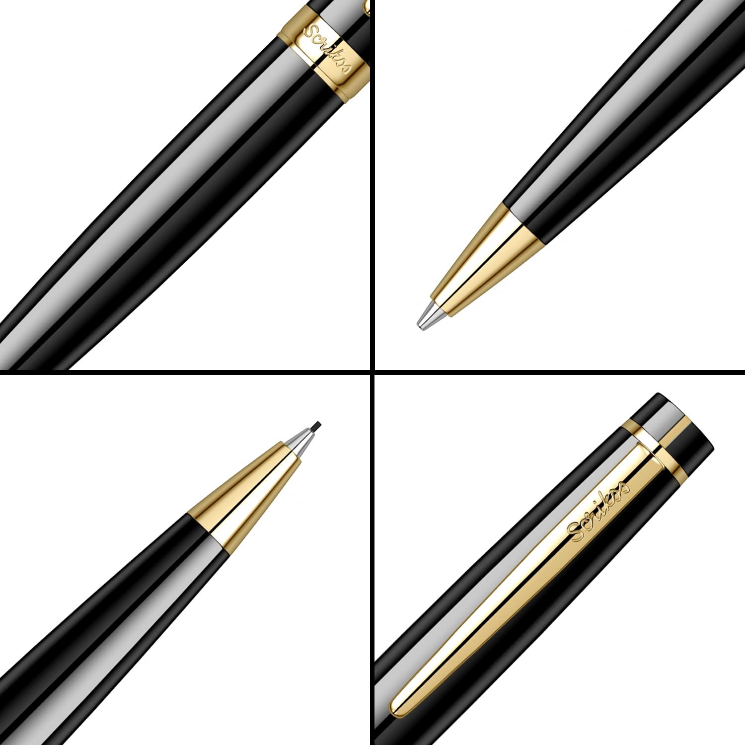 Scrikss 0,7 mm mechaniczny ołówek ołówkowy, błyszczący czarny mosiężny korpus, pozłacane wykończenia, mechanizm skręcony, seria Honor 38, nowoczesny i elegancki długopis, idealny na prezent, do użytku