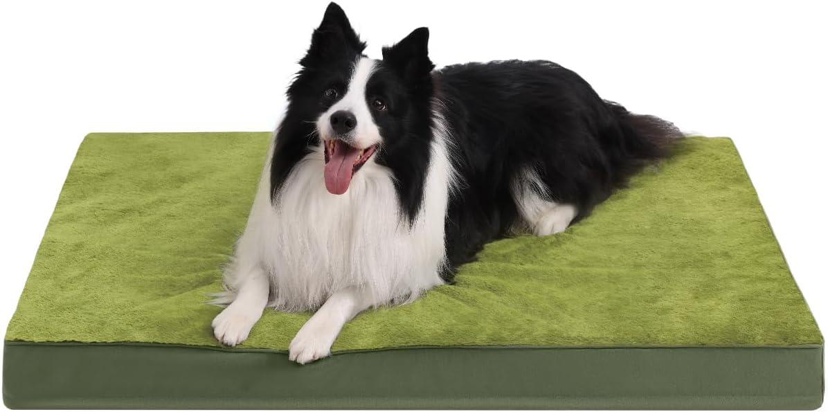 KSIIA Orthopedic Dog Bed Crate Waterproof Pet Mats for Large Dogs Deluxe Plush Washable Pet Bed with Egg Crate Foam & Removable Cover, 41 x 27 Inch, Green