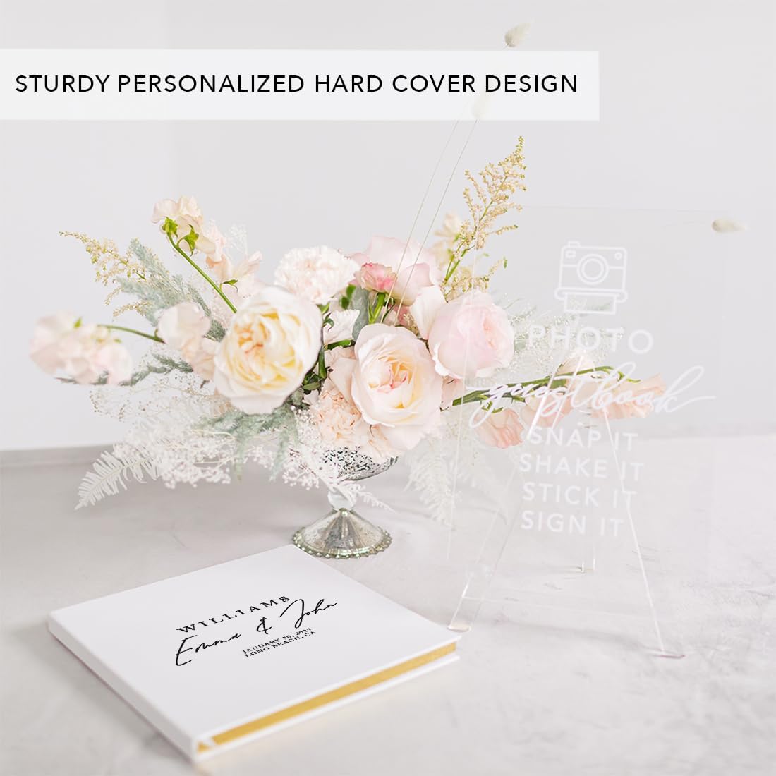 Andaz Press Personalized Wedding Guestbook with Gold Accents, Classic Minimal Florals Custom Guestbook, White Guest Sign-in Registry, 120 Pages 8.5" X 8.5" Memories Book for DIY Scrapbook Photo Album