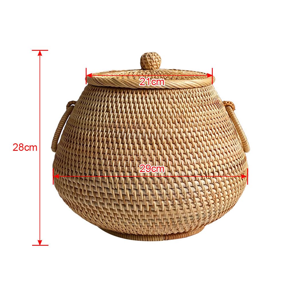 Rattan Round Storage Basket with Lid - Organizer Bin, Hand Woven Natural Wicker Pot Caddy for Coffee, Candy, Tea, Snacks