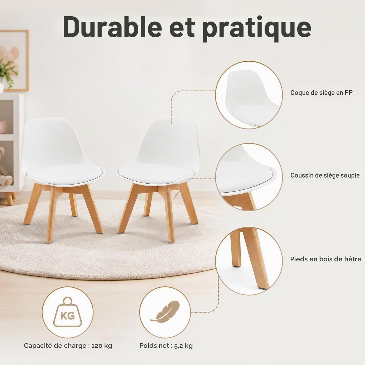 EGGREE Chaises pour Enfants, Pieds en Bois, Hauteur du siège 33 cm, chaises avec Dossier, siège pour Enfants,Blanc