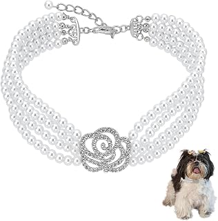 FINGERINSPIRE pet necklace necklace with 4 rows of beads adjustable beads dogs and cat necklaces with rhinestones rose petals pet wedding necklace for small dogs cats kittens puppies white L