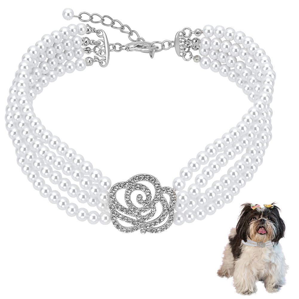 FINGERINSPIRE Collier pour Animaux de Compagnie Perles Réglable Chien Chat Strass Fleur Rose Mariage Petits Chiens Blanc