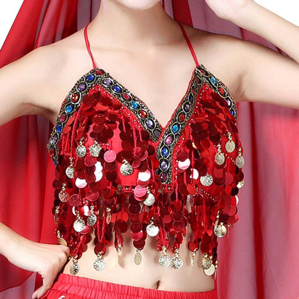 MUNAFIESequins Halter Bra Top Salsa Belly Dance Costume Boho Festival Clubbing Bra Top