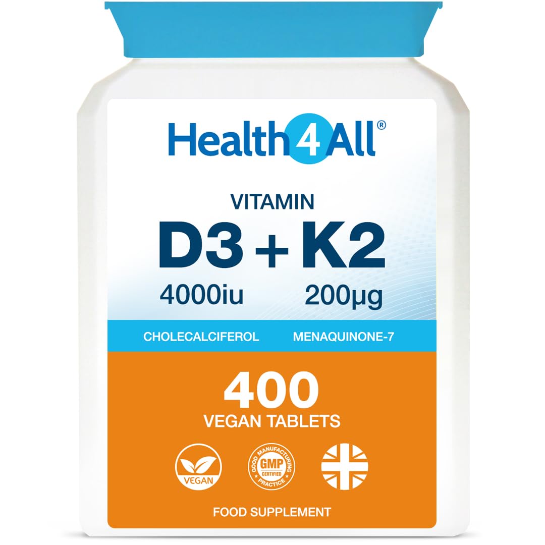 Health4All Vitamin D3 4000iu & Vitamin K2 200ug (Natural MK7) 400 Tablets (1+ Year Supply) Vegan Vitamin D3 K2 Supplement, High Strength MK-7 from Natto, Made in The UKHealth4All Vitamin D3 4000iu & Vitamin K2 200…