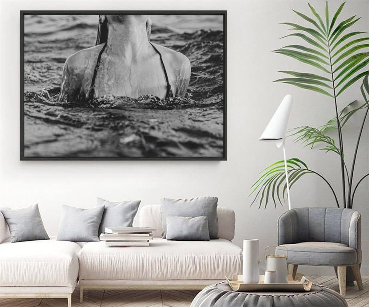 VERRE ART Printed Framed Canvas Painting for Home Decor Office Wall Studio Wall Living Room Decoration (34x22inch Black Floater) - L'Ocean II