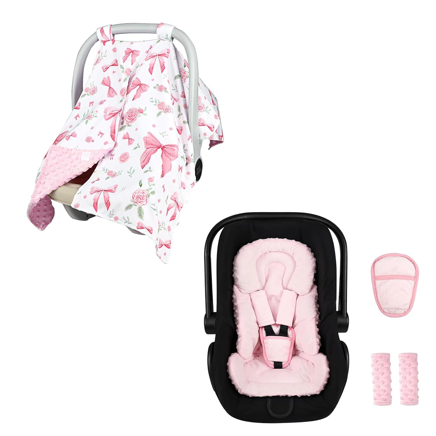 Infant Car Seat Insert Boy Girl, 3 in 1 Newborn Carseat Insert with Strap Pads, Pink RoseCar Seat Head Support Pink, Baby Car Seat Cover, Peekaboo Opening Car Seat Canopy for Baby Girls Boys,
